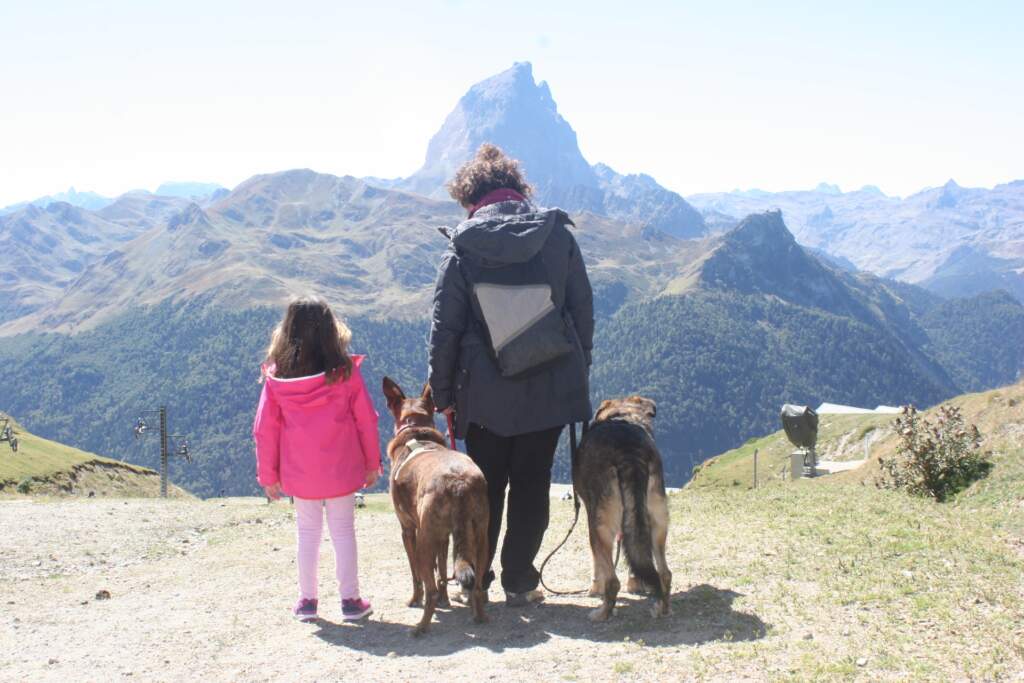 Una familia y sus dos perros mirando juntos las montañas